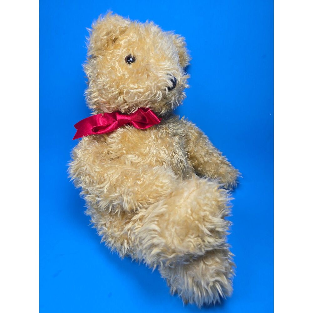 Vintage Ty Classic Teddy Bear Plush 1991 Tan Curly Shaggy Fur Red Satin Bow 16"